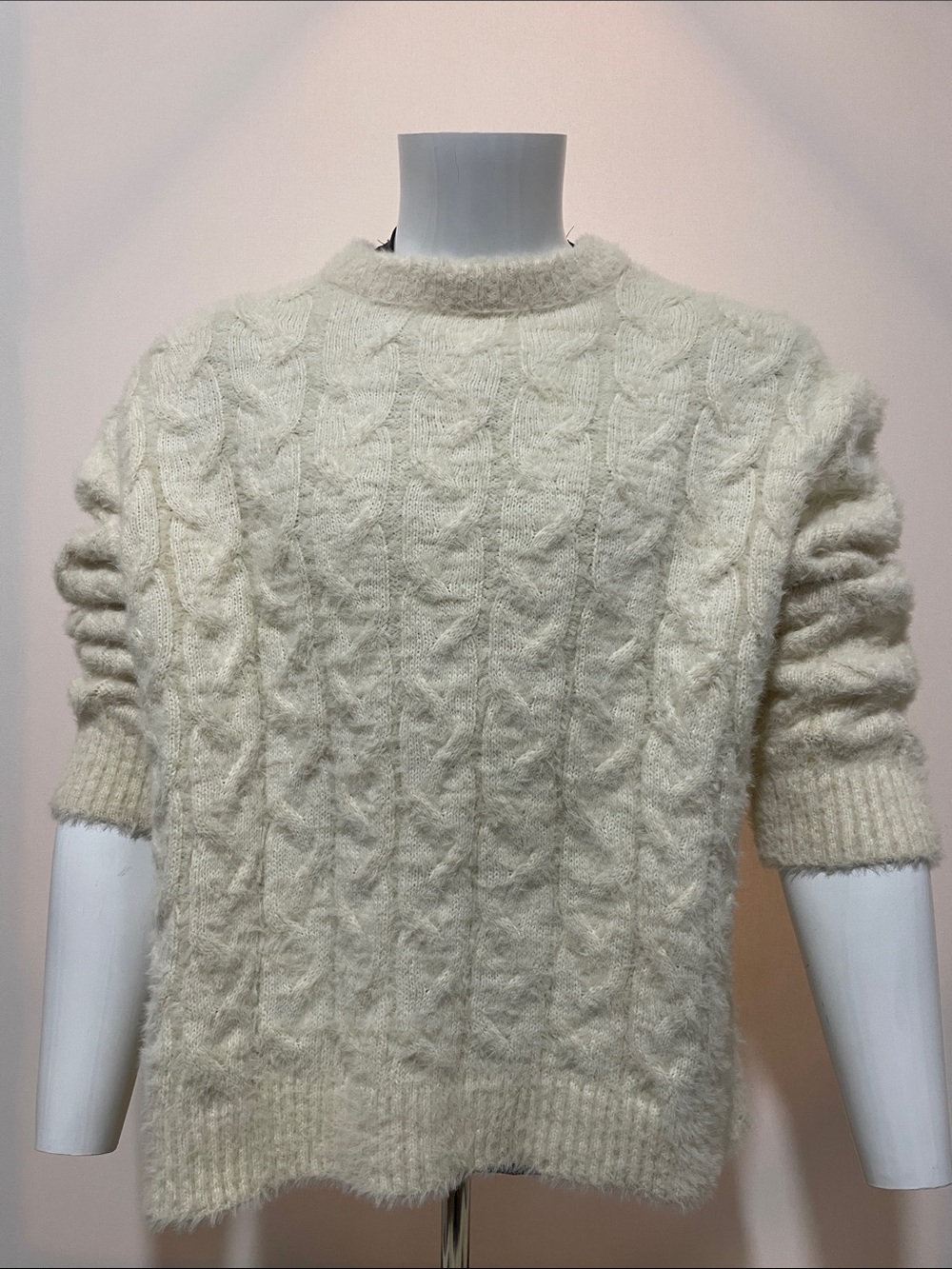 Zara Cream Cable Knit Crewneck Sweater